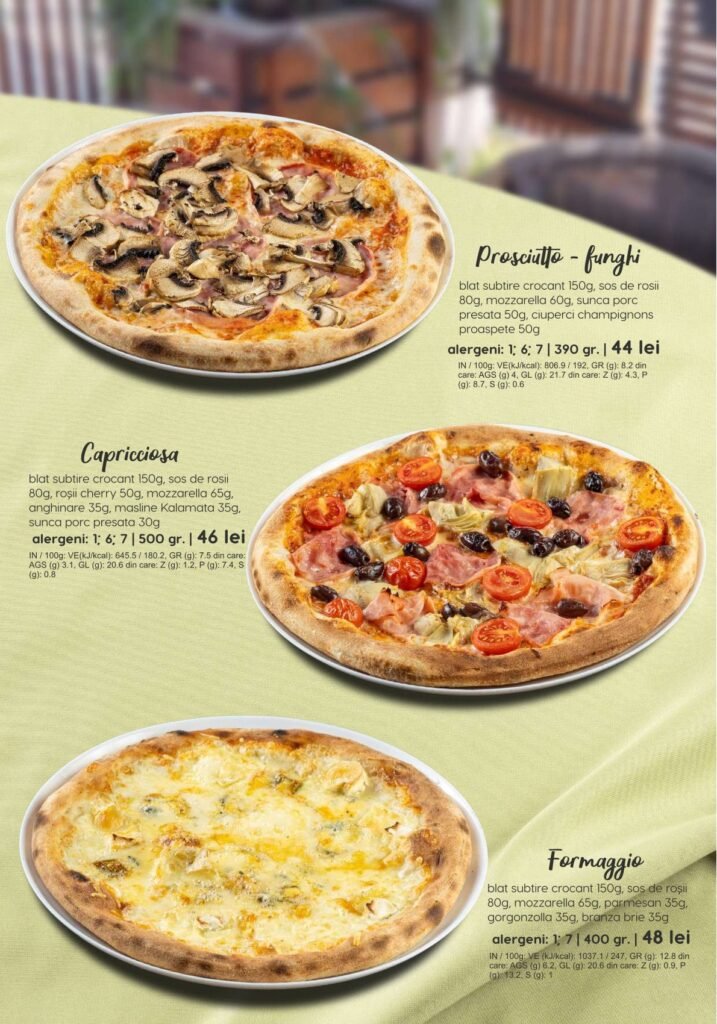 Pizza Prosciutto Funghi, Capriciosa si Formaggio